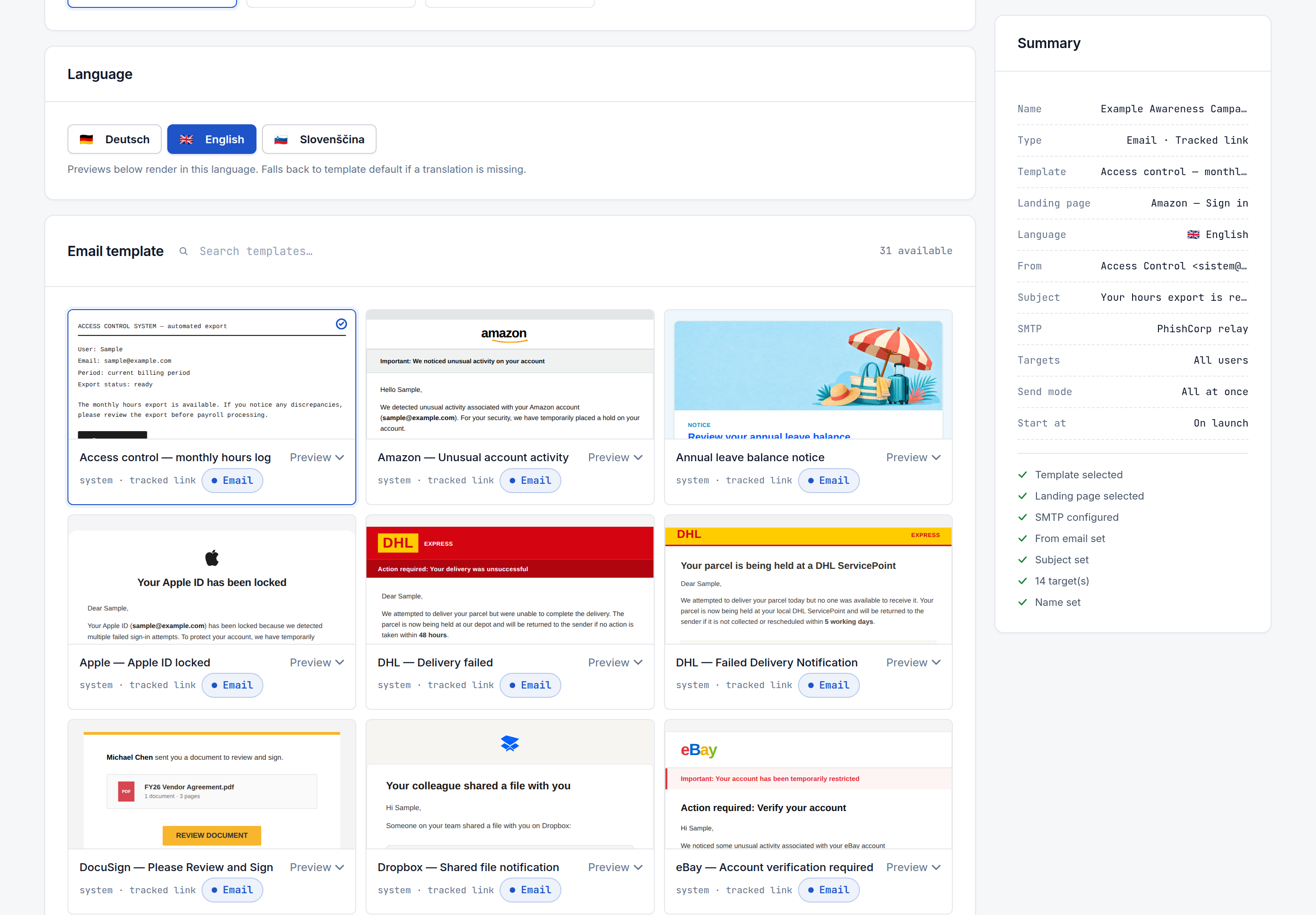 The campaign wizard's language selector and email template picker, showing the built-in template library with previews and a running Summary panel