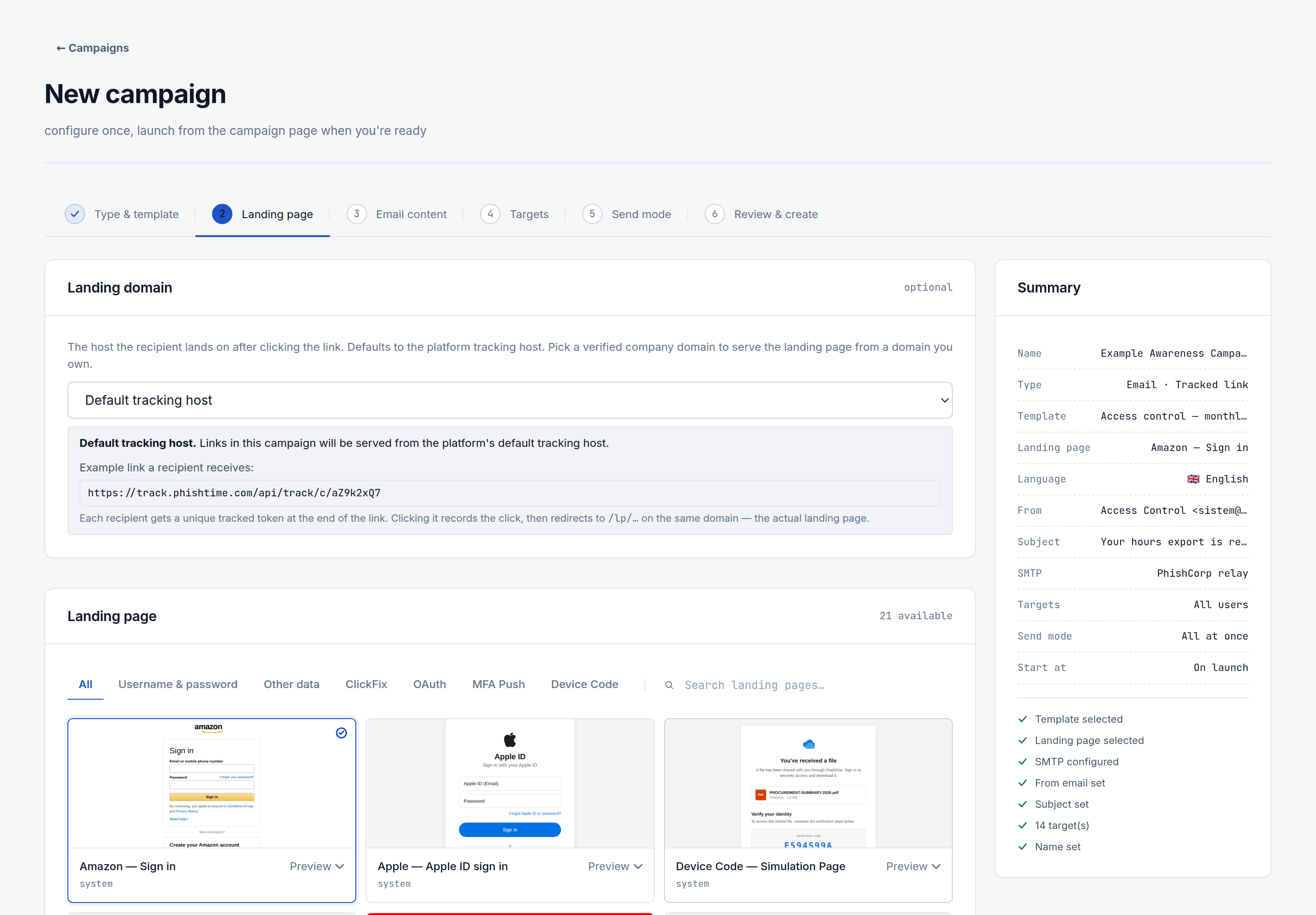 Step 2 of the campaign wizard, Landing page, showing the optional Landing domain field and a grid of landing pages such as Amazon Sign in and Apple ID sign in