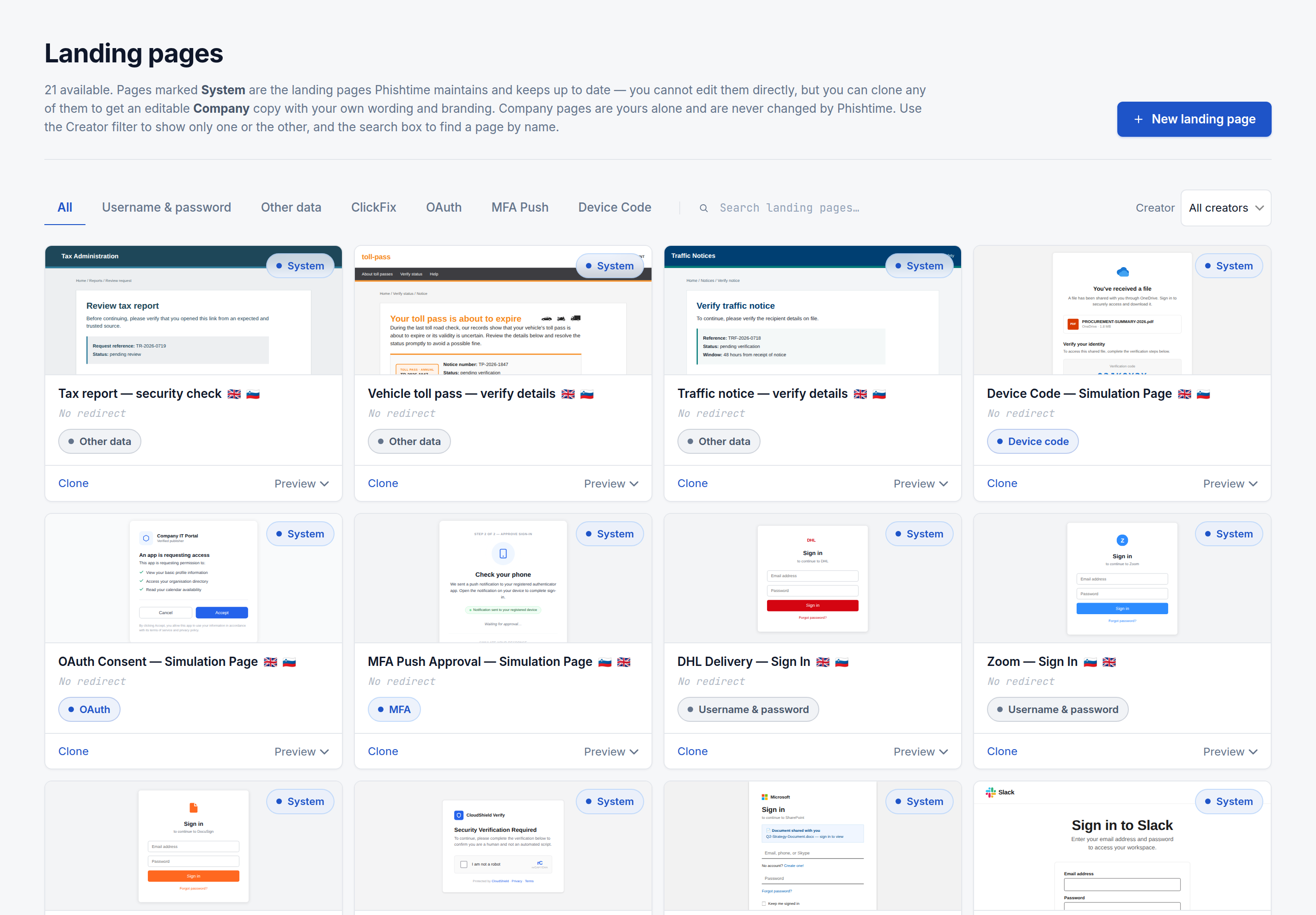The Landing pages library listing built-in system pages such as Tax report, Vehicle toll pass, OAuth consent, MFA push approval, and sign-in pages, filterable by type