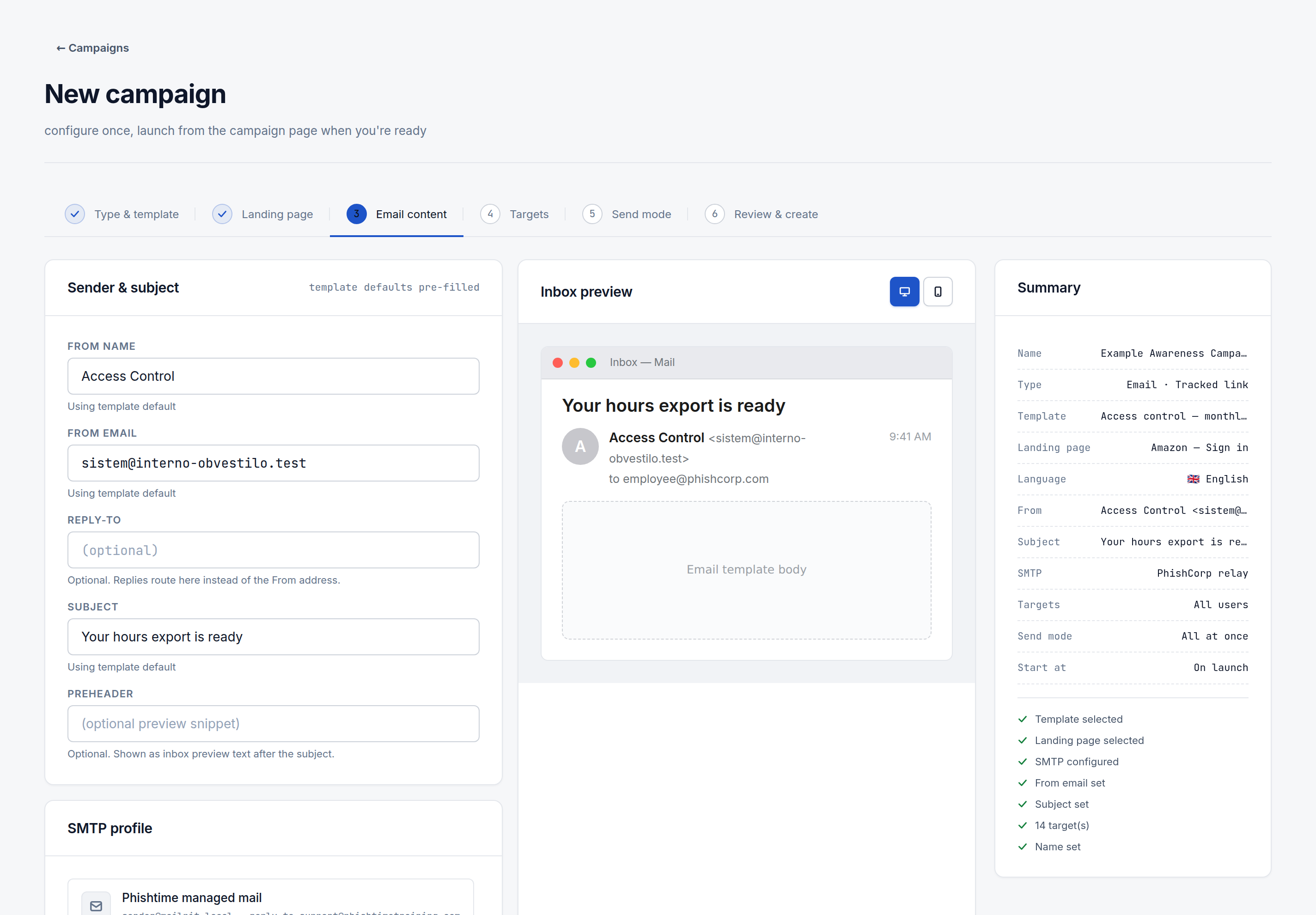 Step 3 of the campaign wizard, Email content, editing the from name, from email, reply-to, subject, and preheader next to a live inbox preview