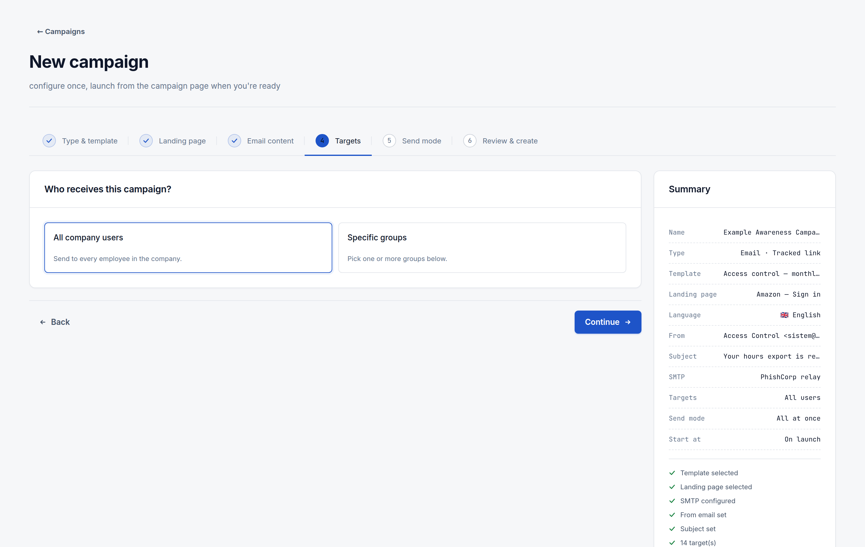 Step 4 of the campaign wizard, Targets, choosing between sending to all company users or specific groups
