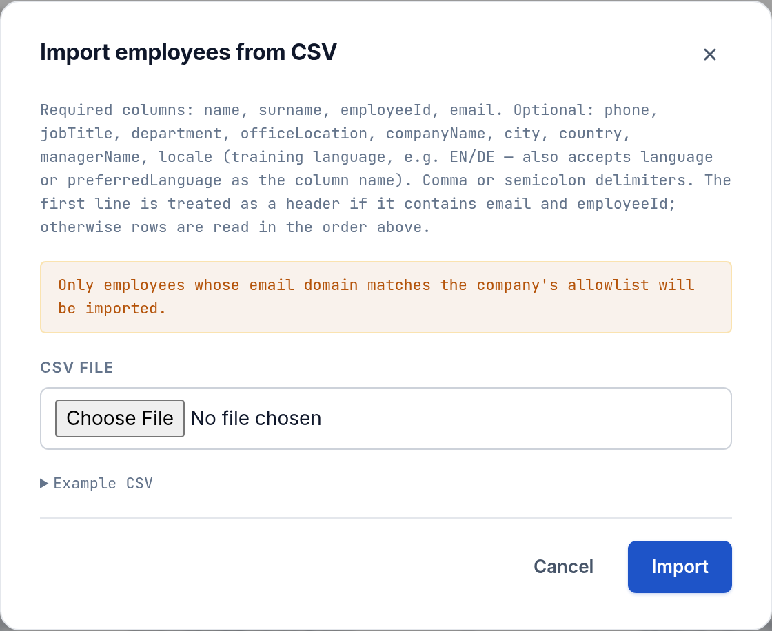 The Import employees from CSV dialog listing required and optional columns, the verified-domain warning, and a file picker