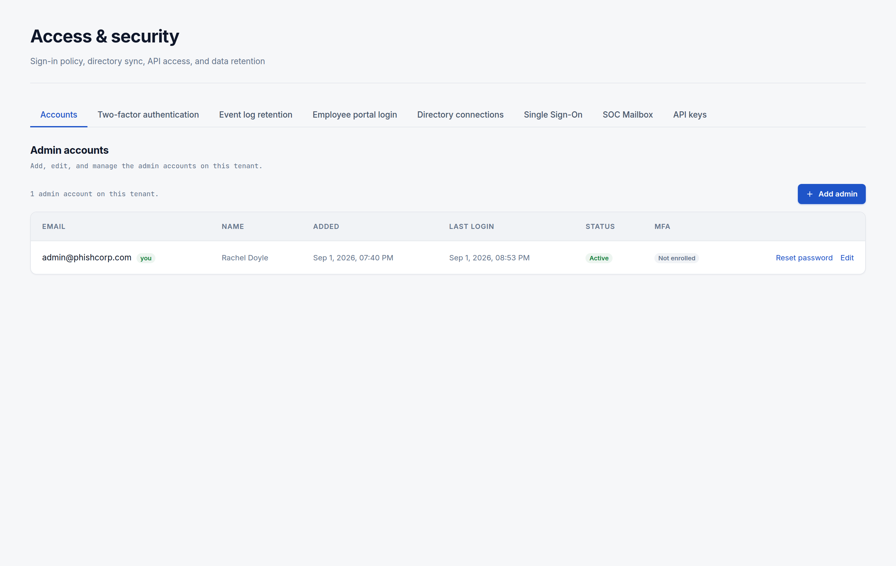The Access & security page's Accounts tab, listing one admin account with its status and MFA enrollment, and an Add admin button