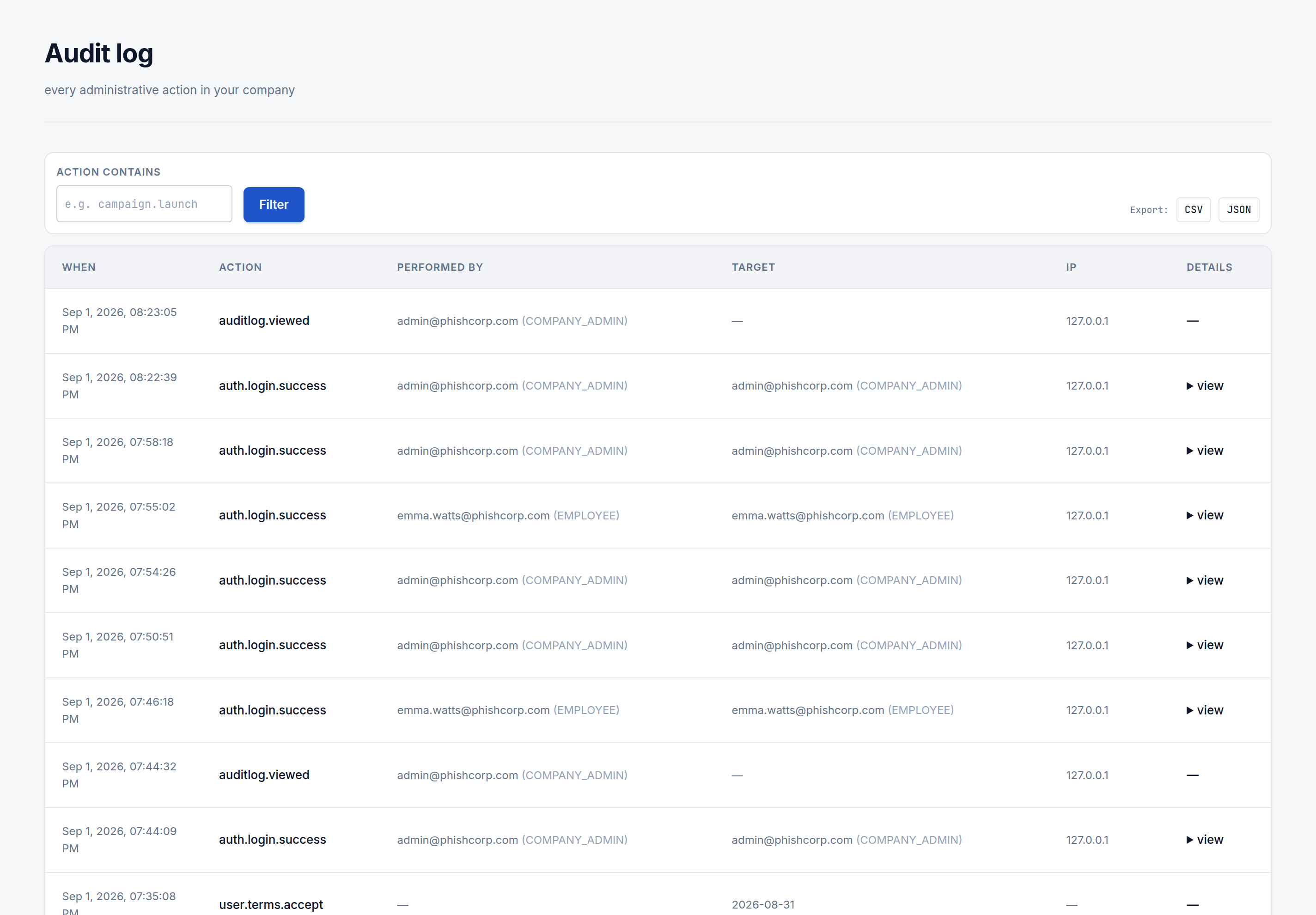 The Audit log page listing login and audit-log-view events with timestamp, actor, target, and IP address, plus CSV and JSON export buttons