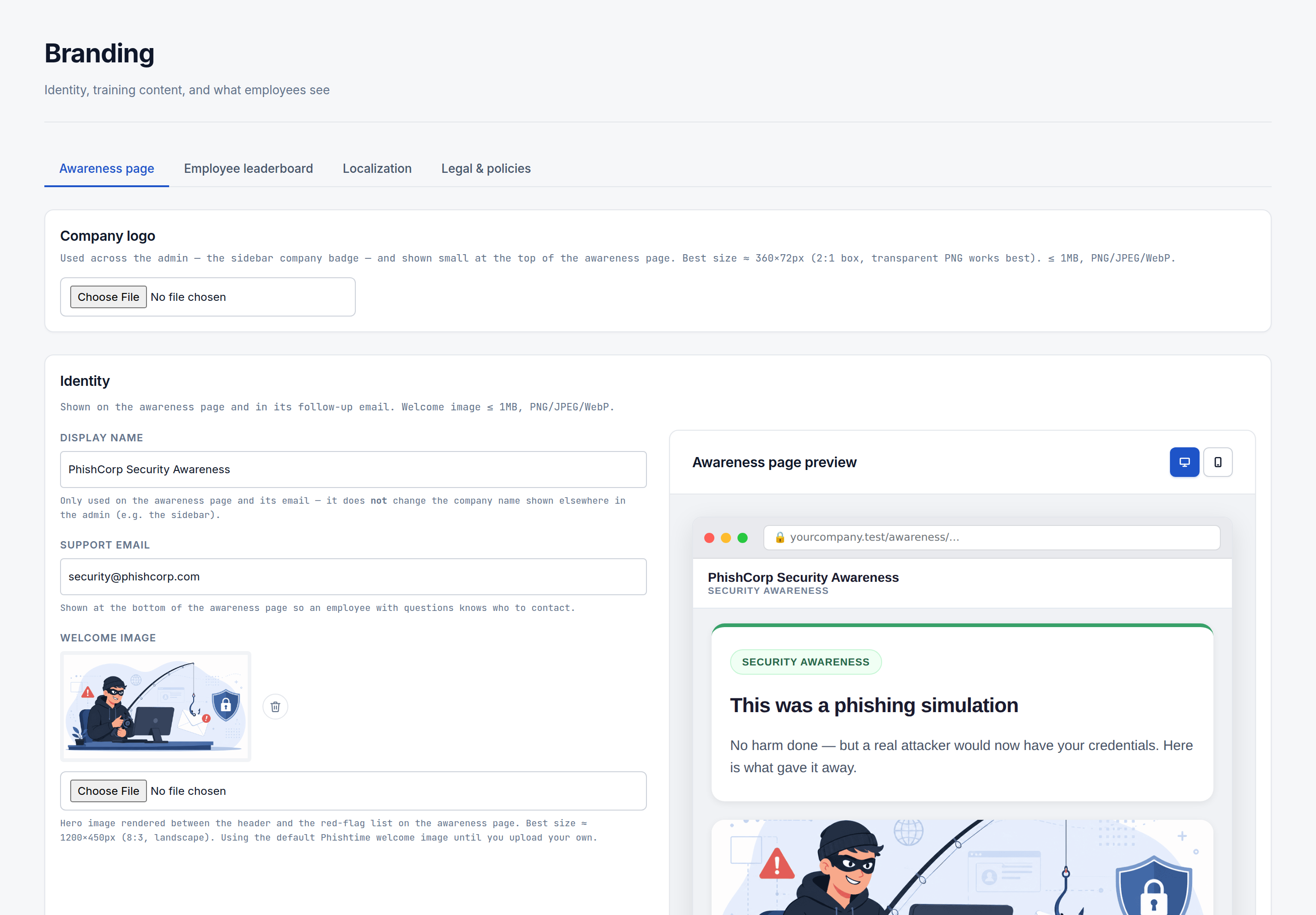 The Branding page's Awareness page tab, showing company logo, display name, support email, and welcome image fields next to a live awareness page preview