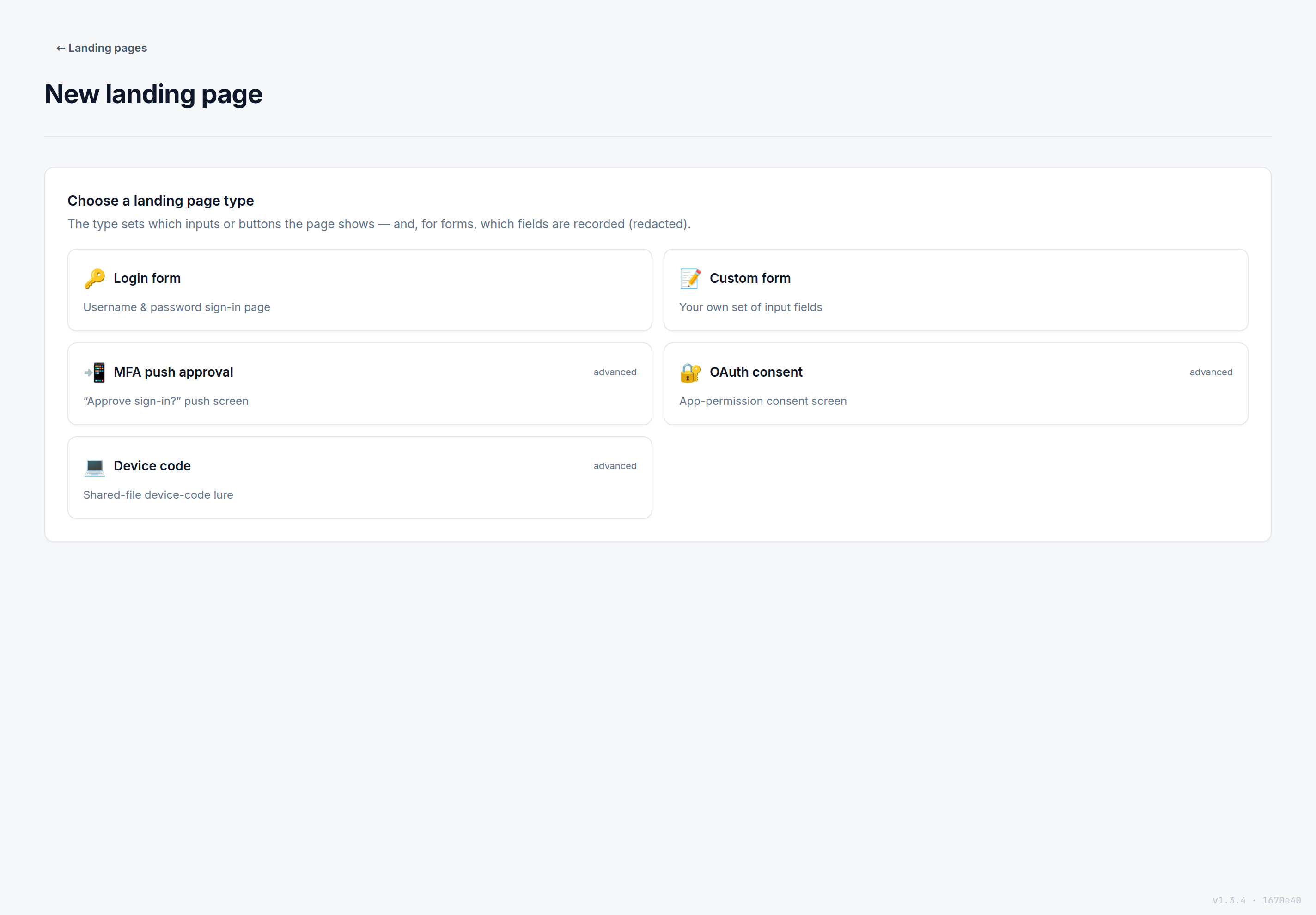The New landing page type picker, choosing between Login form, Custom form, MFA push approval, OAuth consent, and Device code