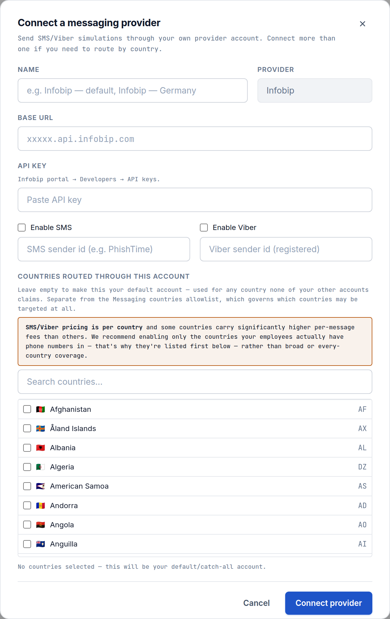 The Connect a messaging provider dialog for Infobip, with base URL and API key fields, SMS/Viber enable toggles, and a country routing list