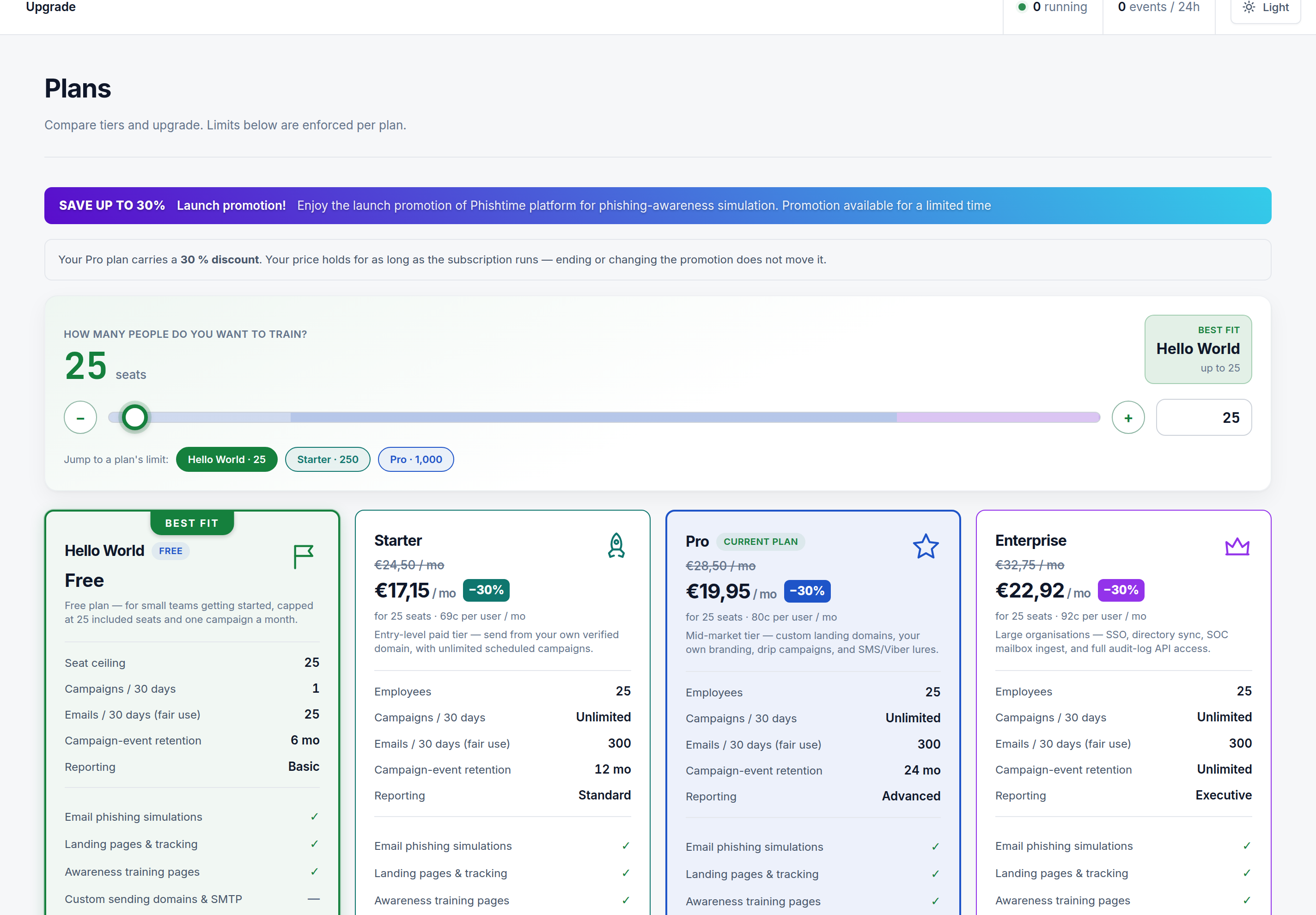 The Plans page with a 25-seat slider and the Hello World, Starter, Pro, and Enterprise plan cards, showing a 30% launch discount on the current Pro plan