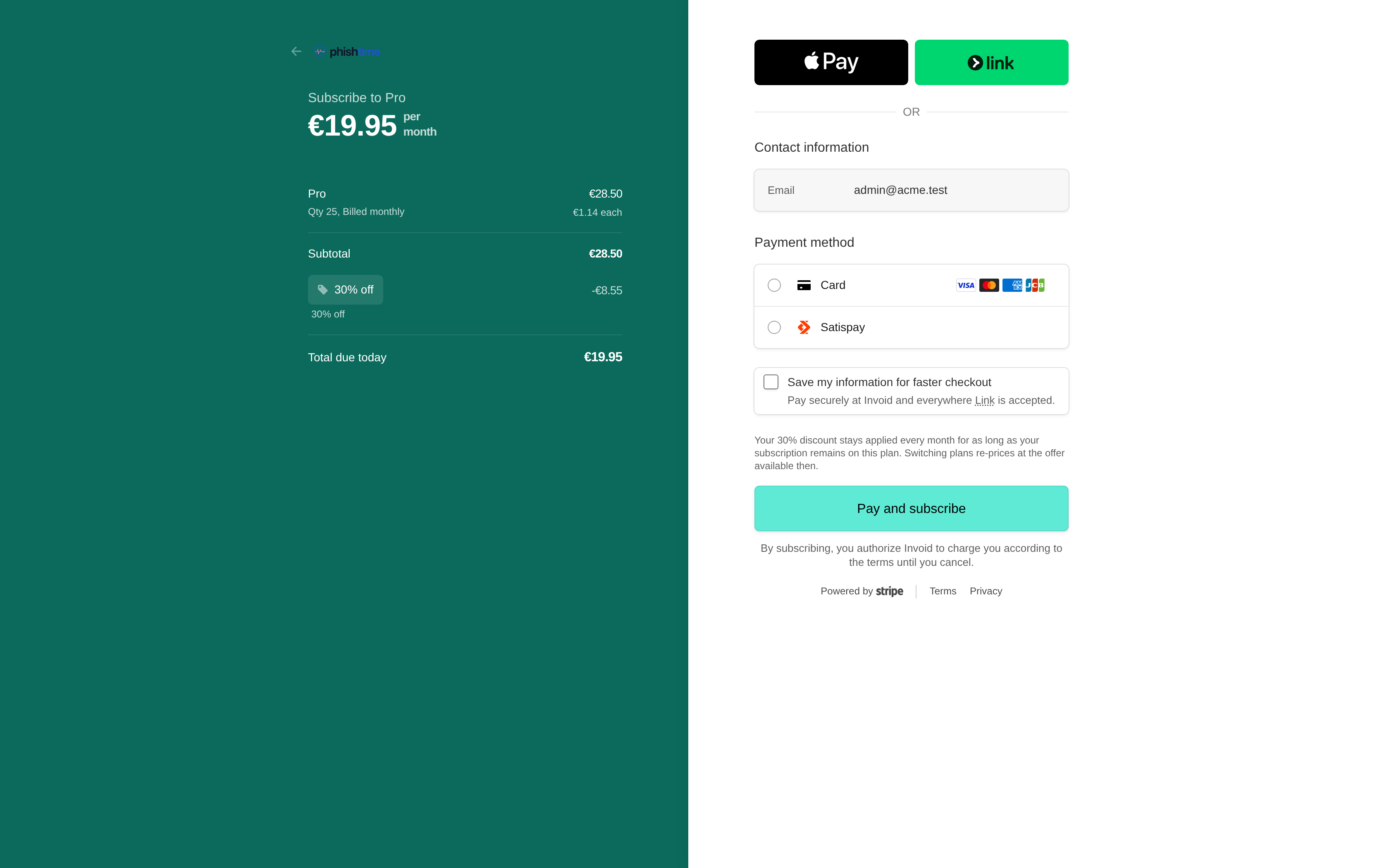 Stripe's hosted Checkout page for subscribing to the Pro plan, showing the discounted monthly price, order summary, and payment method options