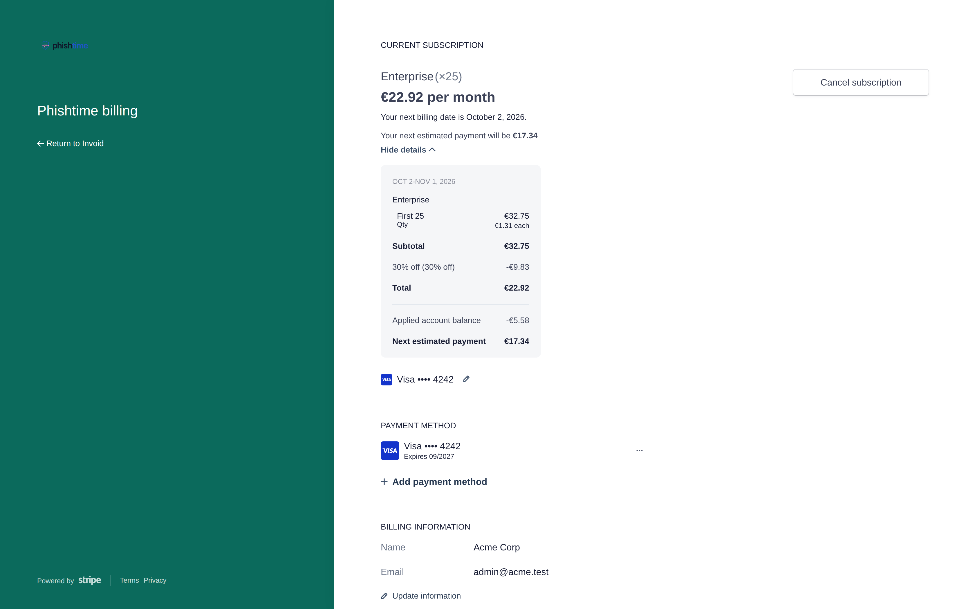 Stripe's customer portal showing the current subscription, next billing date and estimated payment, payment method, and billing information, with a Cancel subscription button