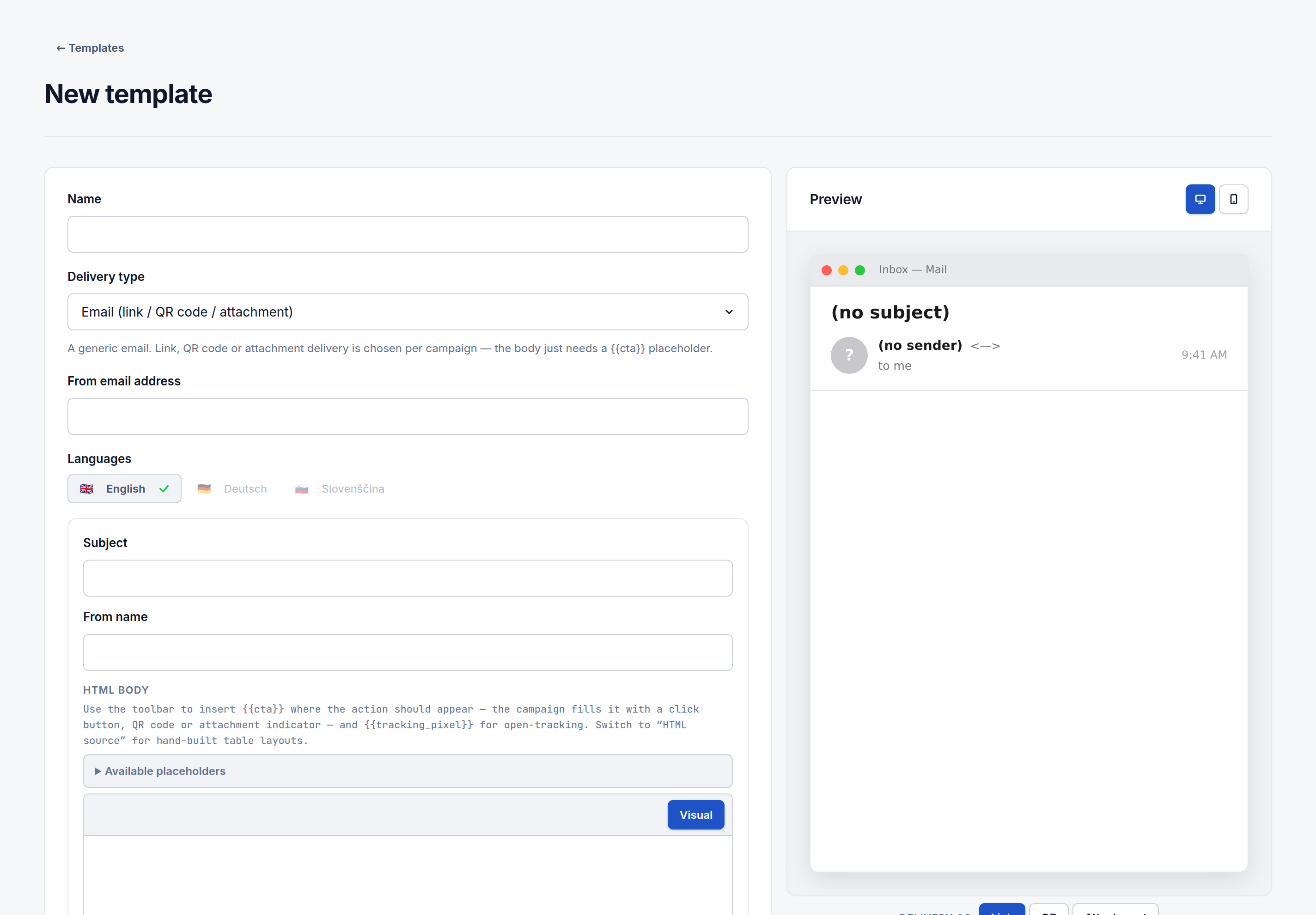 The New template form with the HTML body field empty and its Visual/HTML source toggle, next to a blank live inbox preview