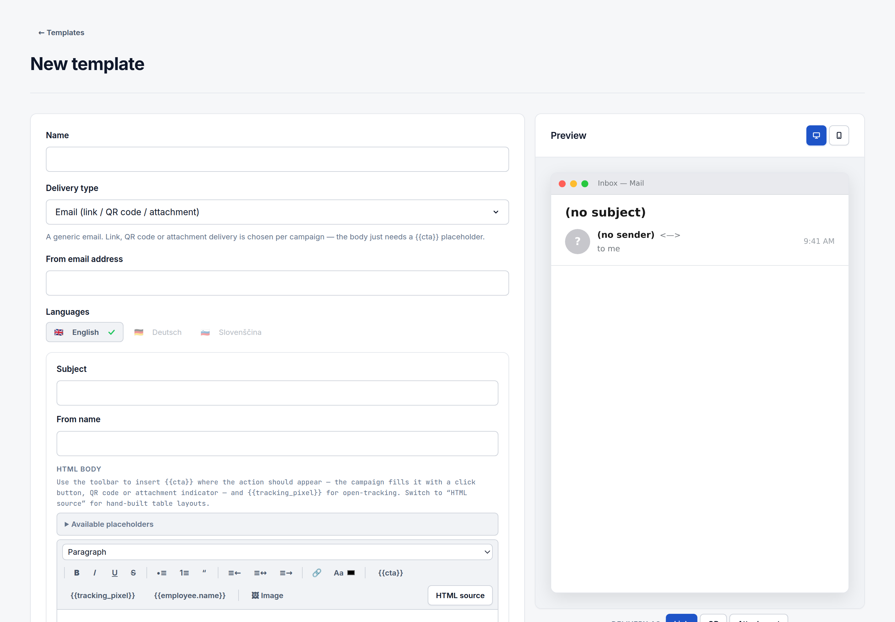 The New template editor's rich-text toolbar with paragraph styles, formatting options, and placeholders like {{cta}}, {{tracking_pixel}}, and {{employee.name}}, next to a live inbox preview