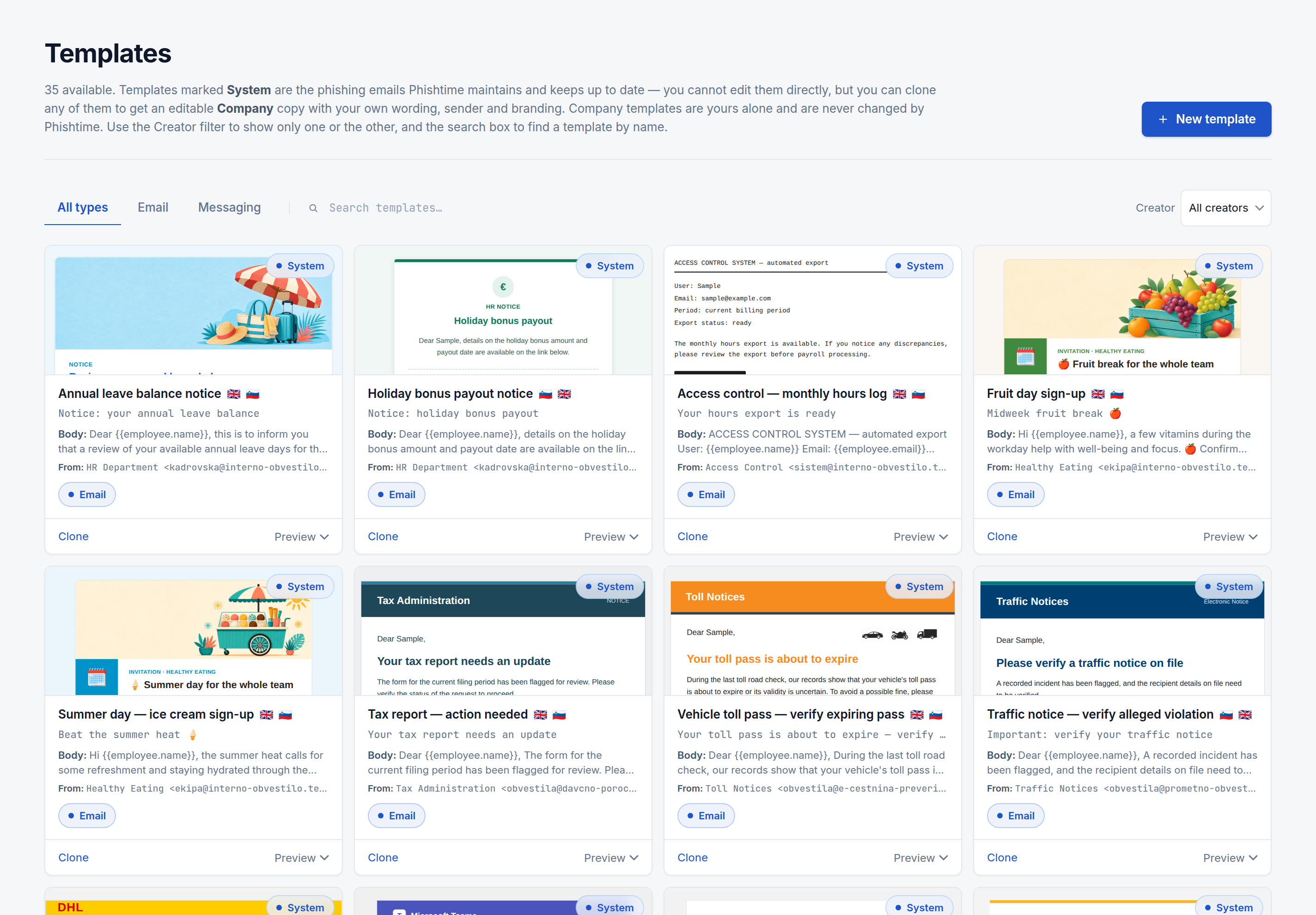 The Templates library listing built-in system email templates such as Annual leave balance notice and Holiday bonus payout, each with Clone and Preview actions